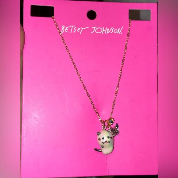 BETSEY JOHNSON SET Pearl Critters Cat Kitten Necklace & Mismatched Earrings NWT